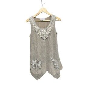 Pretty Angel Sleeveless Tank Top Tan Beige Lace Mesh Boho Tunic Floral Small